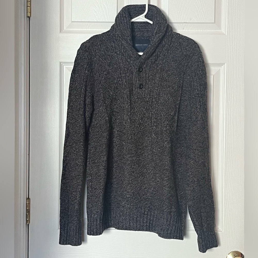 American Eagle Wool Blend Shawl Collar Fisherman Sweater Cable Knit Pullover M